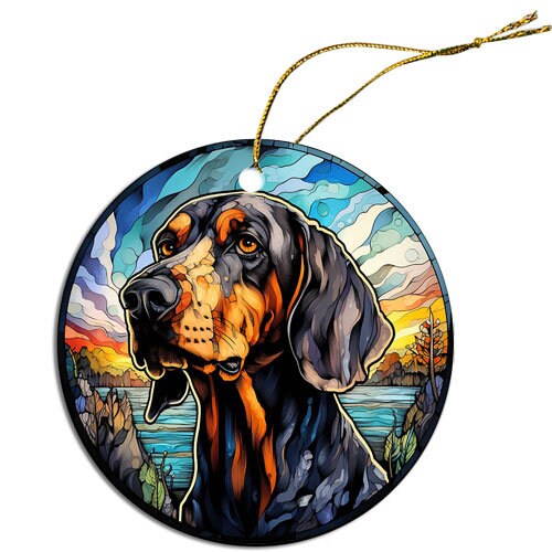 Stained glass style Christmas ornament featuring a Coonhound, showcasing vibrant colors and intricate design.